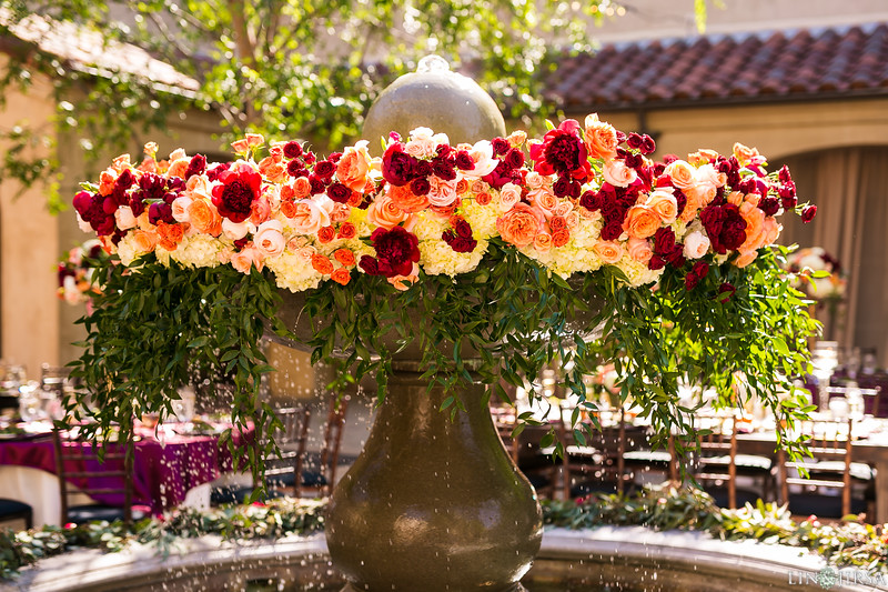 Garden style courtyard wedding reception, fountain